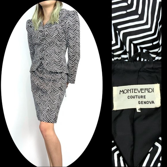 Monteverdi Couture Jackets & Blazers - Vintage Monteverdi Couture Genova Luxury Silk Black & White Suit Sz 4 -2
